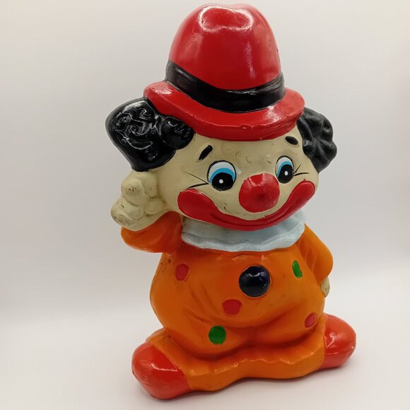 Vintage Clown Coin Bank Figurine Ceramic Novelty Decor Polka Dot Kidcore 9" READ - Picture 3 of 16